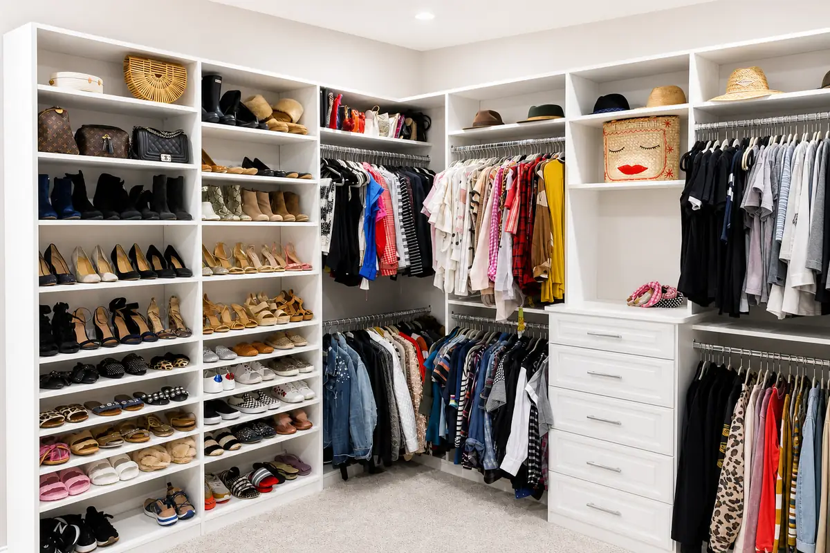 A real white walk-in closet designed and installed by The Closet Monkey